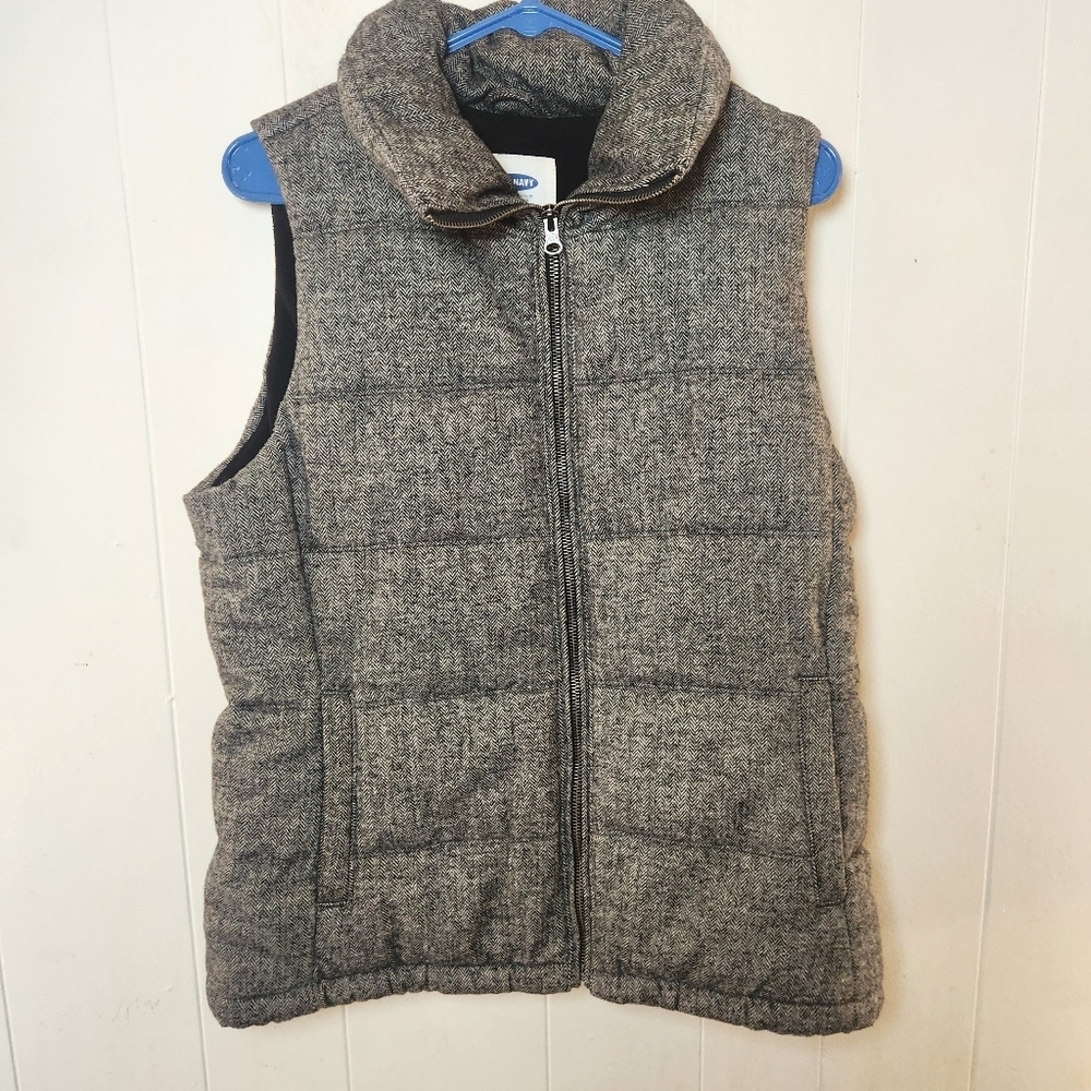 Old Navy Womens Gray Herringbone Full Zip Fleece Puffer Vest Wool Blend Sz Med - Picture 2 of 16